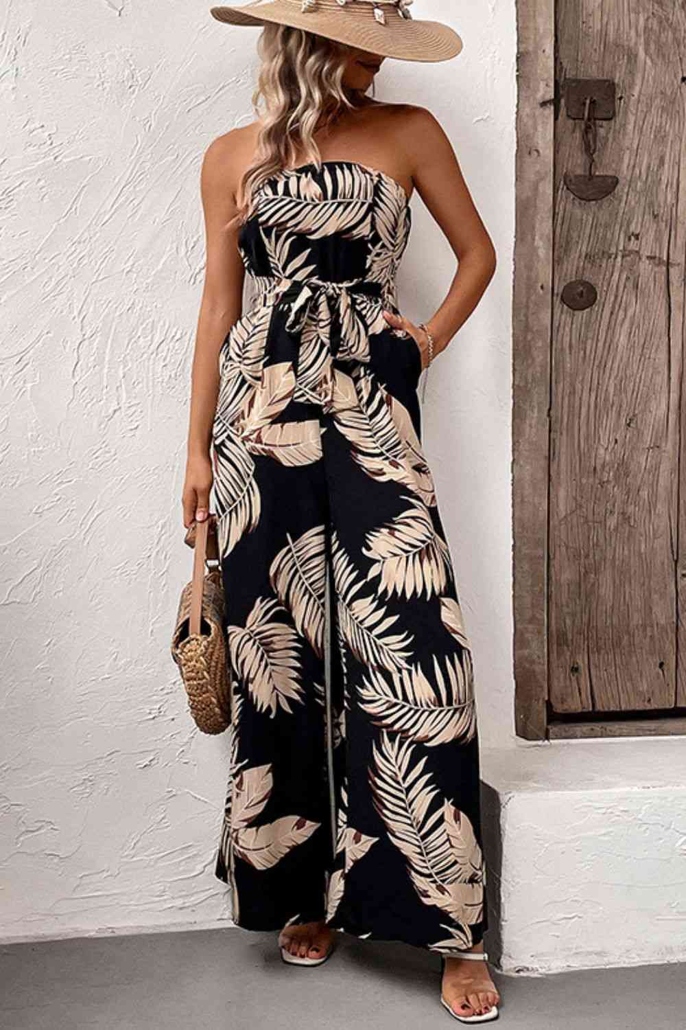 Printed Strapless Wide Leg Jumpsuit with Pockets -  - Wild Willows Boutique - Massapequa, NY, affordable and fashionable clothing for women of all ages. Bottoms, tops, dresses, intimates, outerwear, sweater, shoes, accessories, jewelry, active wear, and more // Wild Willow Boutique.