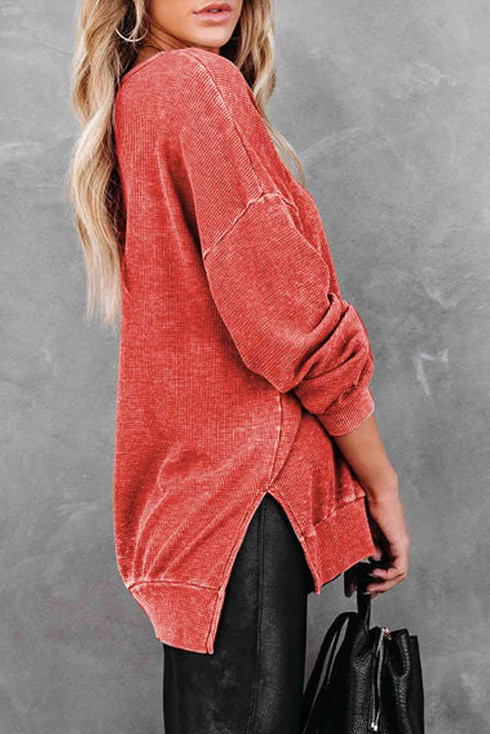 Dropped Shoulder Slit Sweatshirt - tops - Wild Willows Boutique - Massapequa, NY, affordable and fashionable clothing for women of all ages. Bottoms, tops, dresses, intimates, outerwear, sweater, shoes, accessories, jewelry, active wear, and more // Wild Willow Boutique.