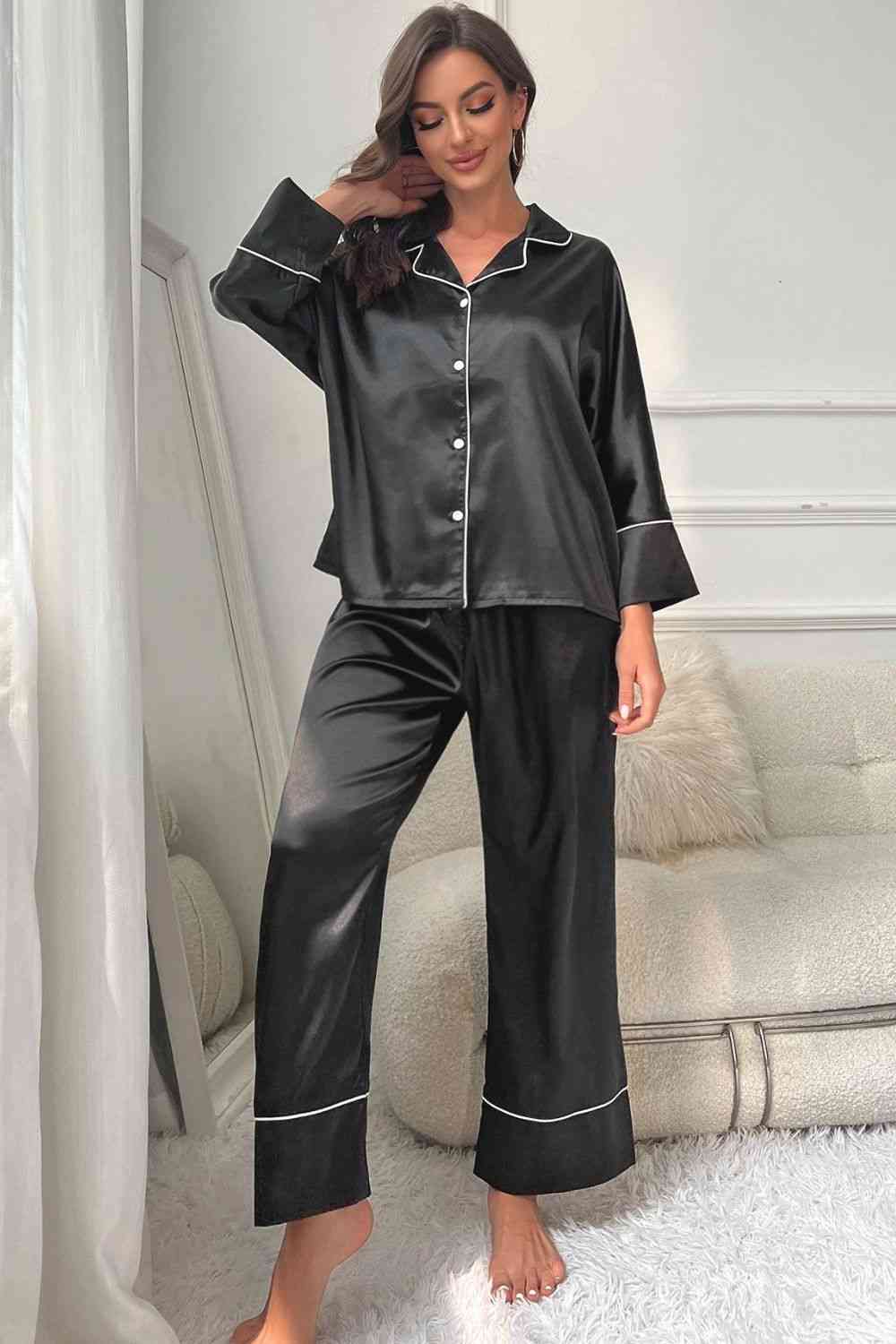 Contrast Piping Button-Up Top and Pants Pajama Set -  - Wild Willows Boutique - Massapequa, NY, affordable and fashionable clothing for women of all ages. Bottoms, tops, dresses, intimates, outerwear, sweater, shoes, accessories, jewelry, active wear, and more // Wild Willow Boutique.