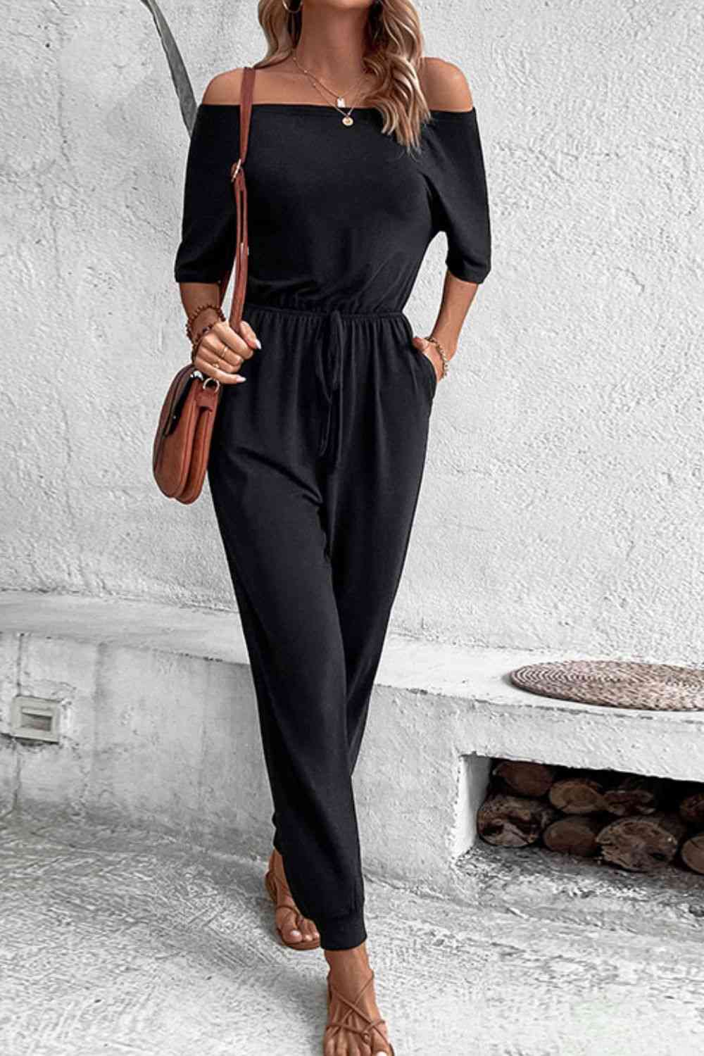 Off-Shoulder Jumpsuit with Pockets -  - Wild Willows Boutique - Massapequa, NY, affordable and fashionable clothing for women of all ages. Bottoms, tops, dresses, intimates, outerwear, sweater, shoes, accessories, jewelry, active wear, and more // Wild Willow Boutique.