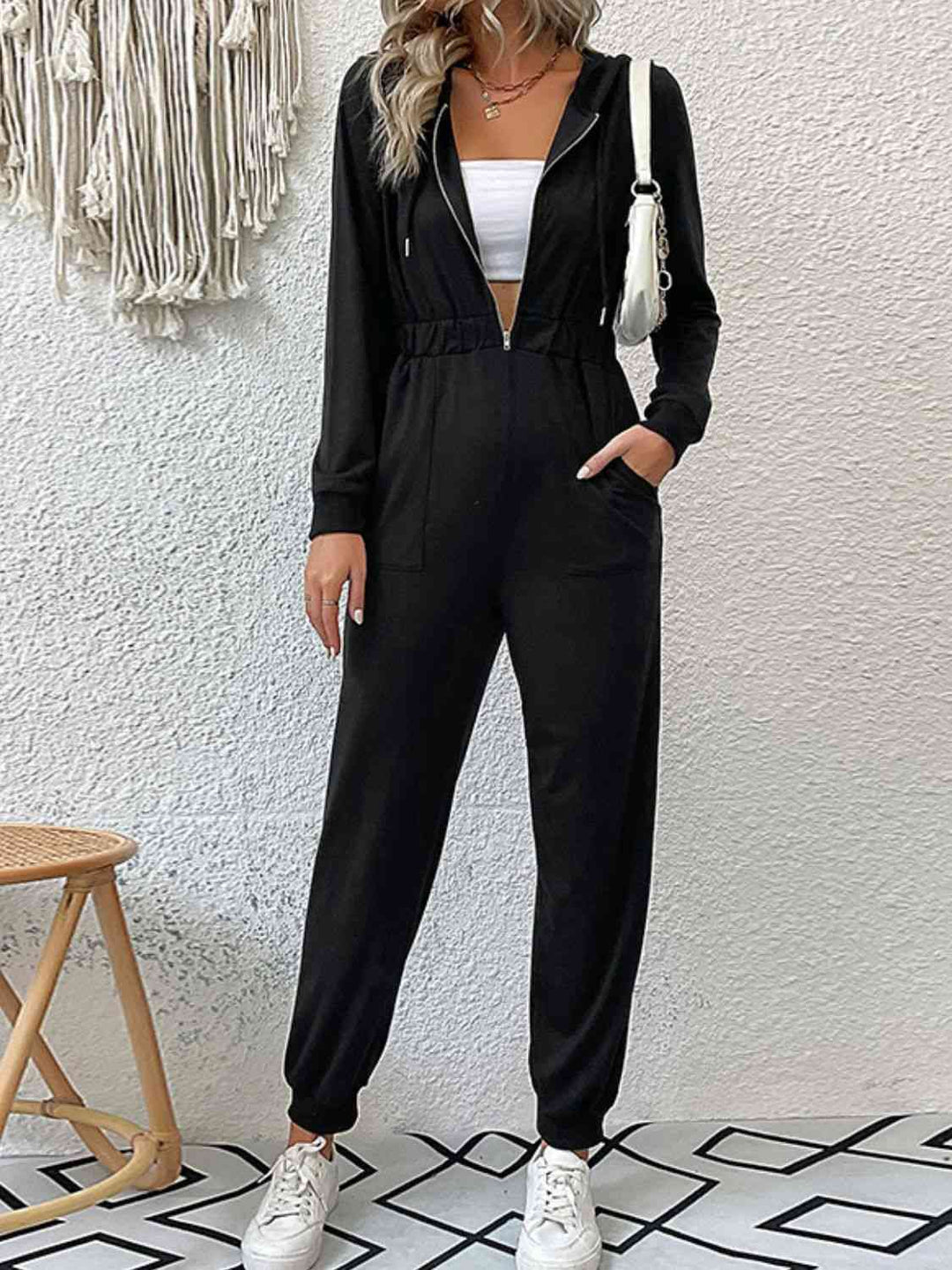 Zip Up Elastic Waist Hooded Jogger Jumpsuit - Jumpsuit - Wild Willows Boutique - Massapequa, NY, affordable and fashionable clothing for women of all ages. Bottoms, tops, dresses, intimates, outerwear, sweater, shoes, accessories, jewelry, active wear, and more // Wild Willow Boutique.