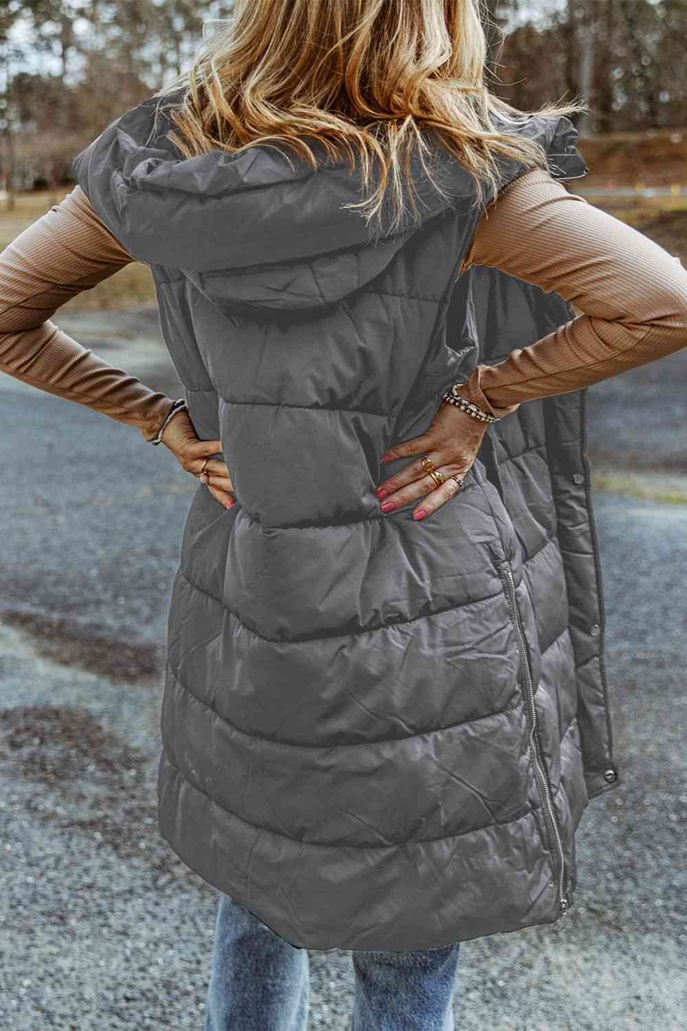 Longline Hooded Sleeveless Puffer Vest - Vest - Wild Willows Boutique - Massapequa, NY, affordable and fashionable clothing for women of all ages. Bottoms, tops, dresses, intimates, outerwear, sweater, shoes, accessories, jewelry, active wear, and more // Wild Willow Boutique.