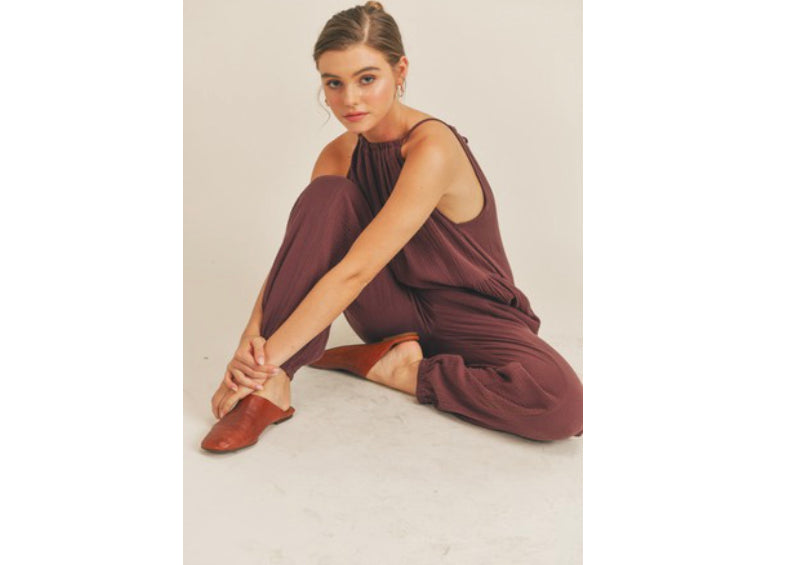 Lush Halter Neck Jumpsuit Color Mulberry -  - Wild Willows Boutique - Massapequa, NY, affordable and fashionable clothing for women of all ages. Bottoms, tops, dresses, intimates, outerwear, sweater, shoes, accessories, jewelry, active wear, and more // Wild Willow Boutique.