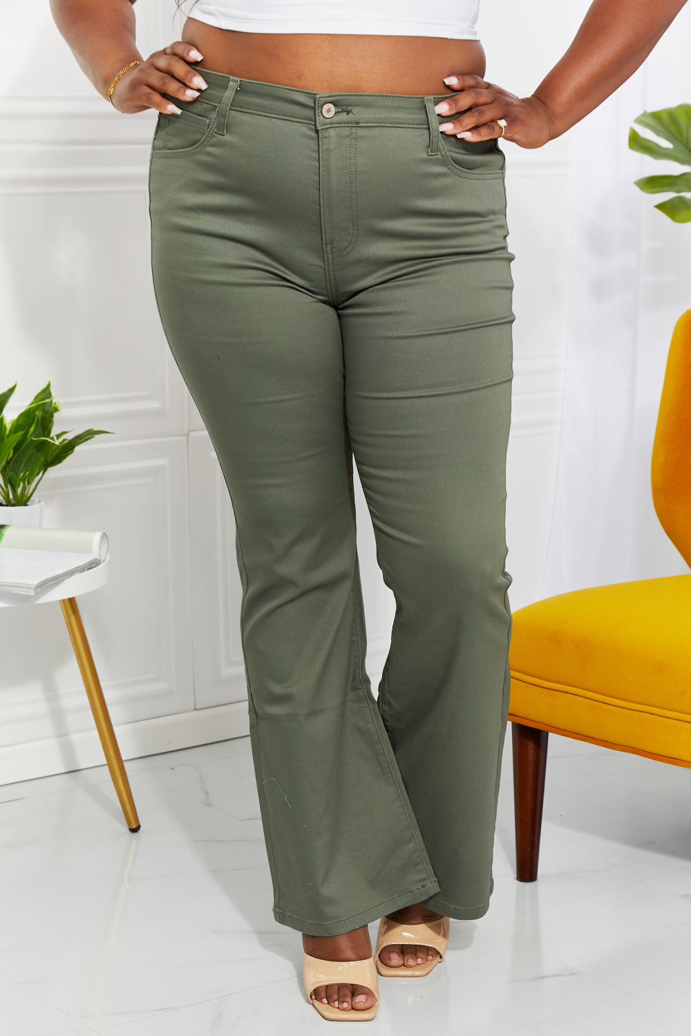 Zenana Clementine Full Size High-Rise Bootcut Jeans in Olive - Jeans - Wild Willows Boutique - Massapequa, NY, affordable and fashionable clothing for women of all ages. Bottoms, tops, dresses, intimates, outerwear, sweater, shoes, accessories, jewelry, active wear, and more // Wild Willow Boutique.