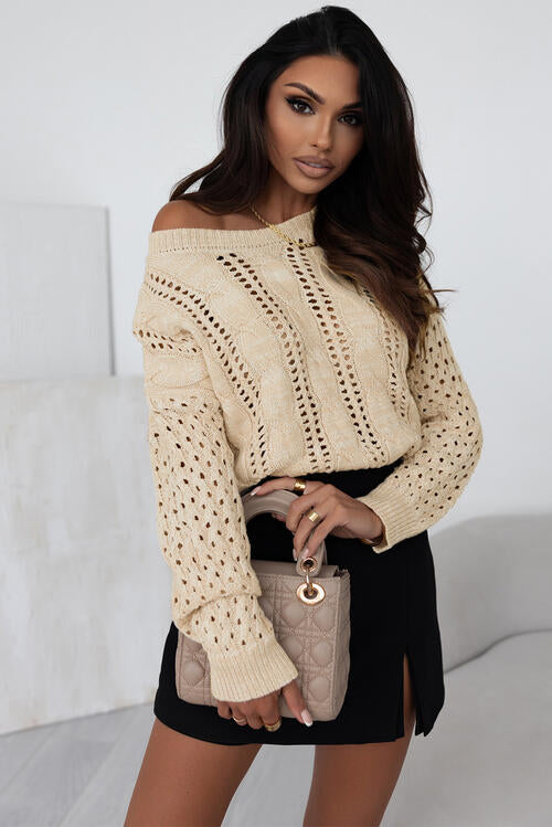 Full Size Openwork Cable-Knit Round Neck Knit Top -  - Wild Willows Boutique - Massapequa, NY, affordable and fashionable clothing for women of all ages. Bottoms, tops, dresses, intimates, outerwear, sweater, shoes, accessories, jewelry, active wear, and more // Wild Willow Boutique.