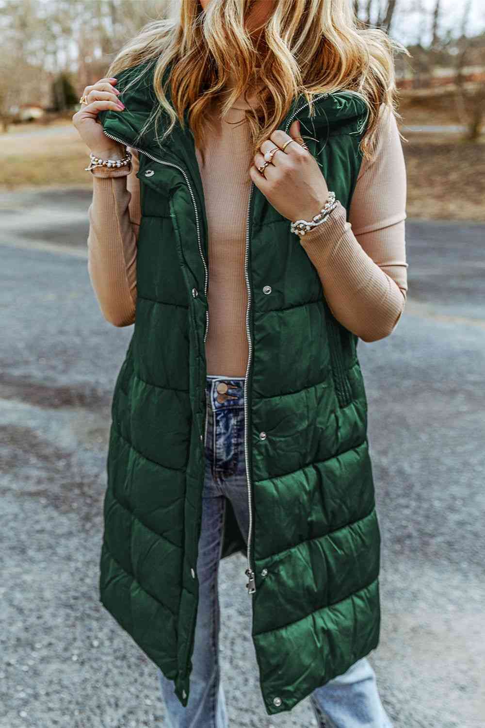 Longline Hooded Sleeveless Puffer Vest - Vest - Wild Willows Boutique - Massapequa, NY, affordable and fashionable clothing for women of all ages. Bottoms, tops, dresses, intimates, outerwear, sweater, shoes, accessories, jewelry, active wear, and more // Wild Willow Boutique.