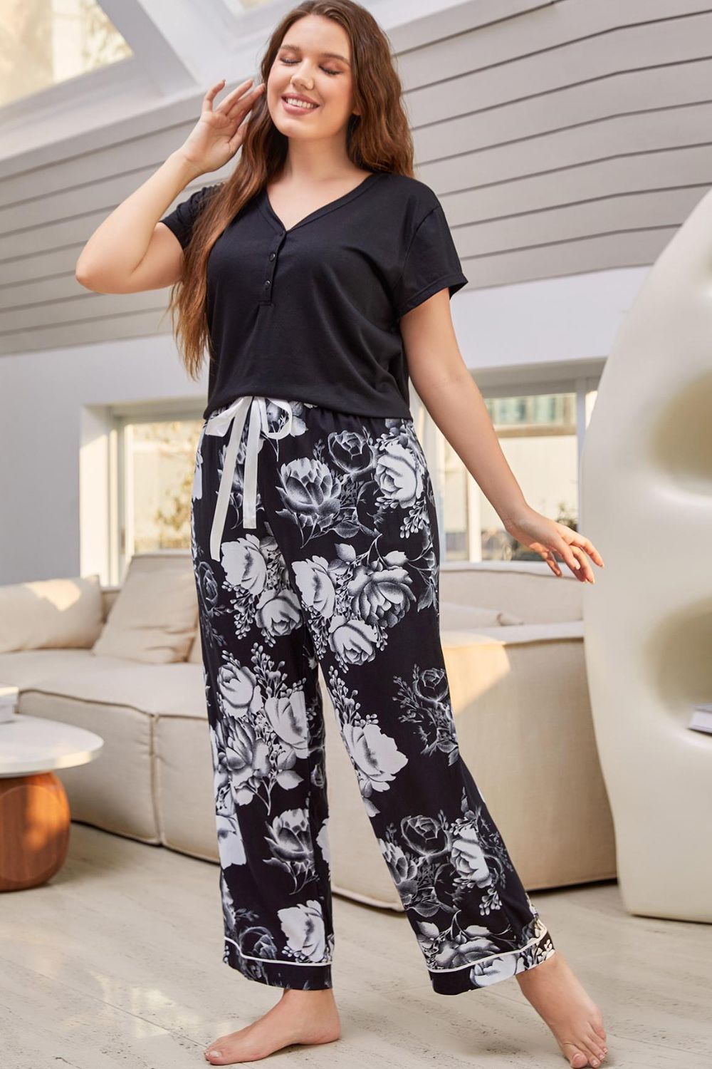 Full Size V-Neck Top and Floral Pants Lounge Set - intimates - Wild Willows Boutique - Massapequa, NY, affordable and fashionable clothing for women of all ages. Bottoms, tops, dresses, intimates, outerwear, sweater, shoes, accessories, jewelry, active wear, and more // Wild Willow Boutique.