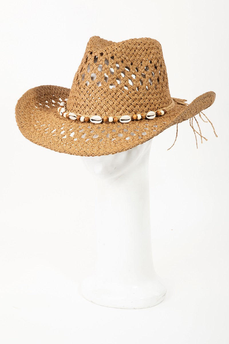 Fame Cowrie Shell beaded string straw hat-Wild Willows Boutique NY Massapequa New York Affordable and fashionable clothing for women, all ages. Bottoms, tops, dresses, intimate, outerwear, Sweaters, shoes, accessories, jewelry, activewear, and more// Wild Willow Boutique