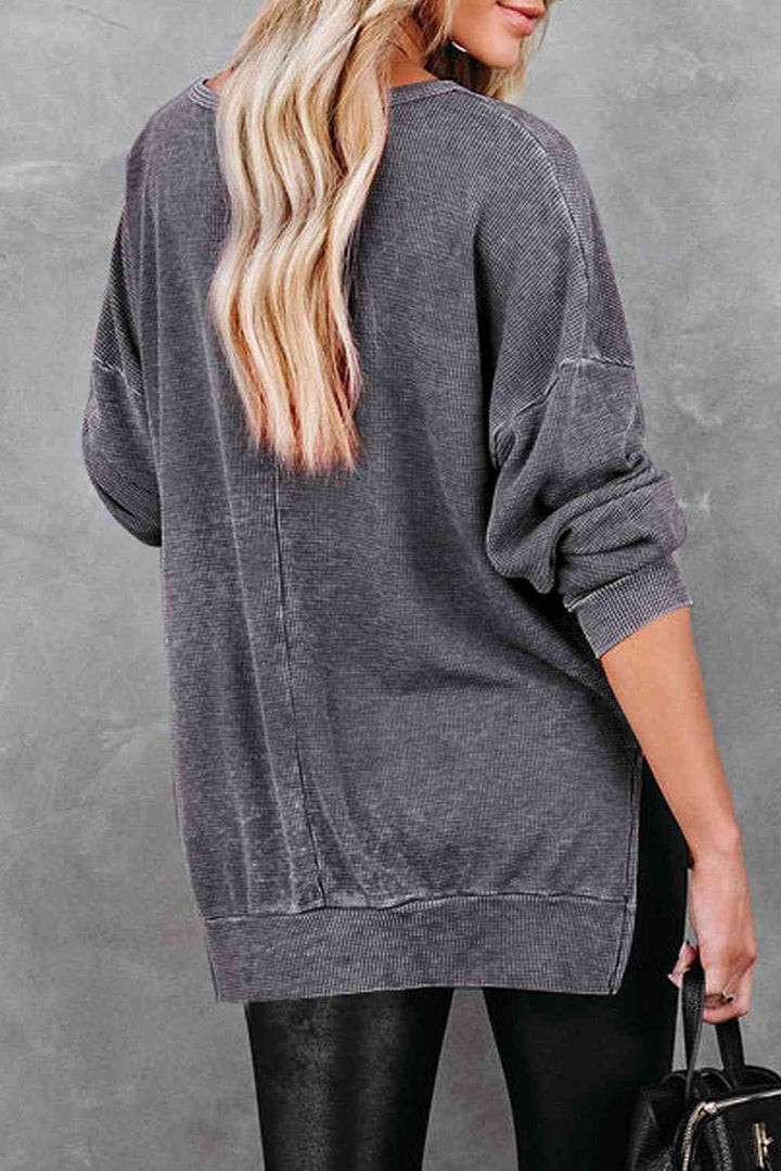 Dropped Shoulder Slit Sweatshirt - tops - Wild Willows Boutique - Massapequa, NY, affordable and fashionable clothing for women of all ages. Bottoms, tops, dresses, intimates, outerwear, sweater, shoes, accessories, jewelry, active wear, and more // Wild Willow Boutique.