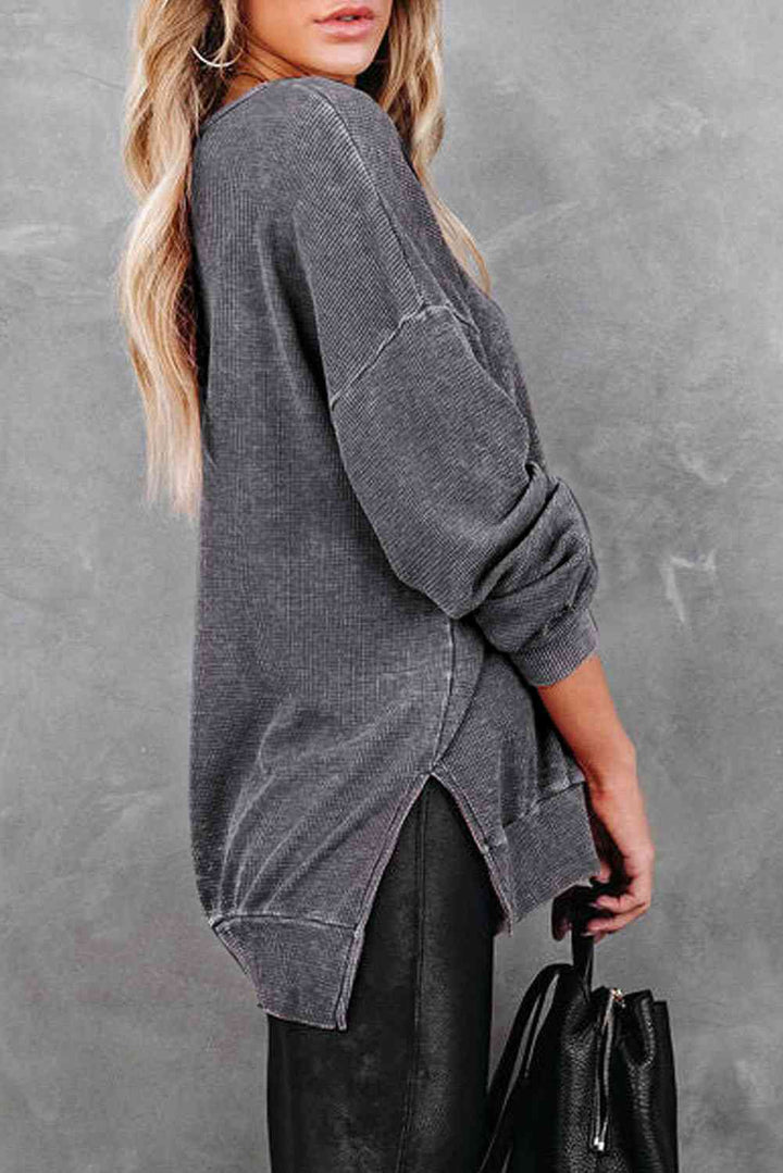 Dropped Shoulder Slit Sweatshirt - tops - Wild Willows Boutique - Massapequa, NY, affordable and fashionable clothing for women of all ages. Bottoms, tops, dresses, intimates, outerwear, sweater, shoes, accessories, jewelry, active wear, and more // Wild Willow Boutique.