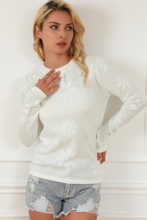 Floral Eyelet Round Neck Long Sleeve Knit Top -  - Wild Willows Boutique - Massapequa, NY, affordable and fashionable clothing for women of all ages. Bottoms, tops, dresses, intimates, outerwear, sweater, shoes, accessories, jewelry, active wear, and more // Wild Willow Boutique.