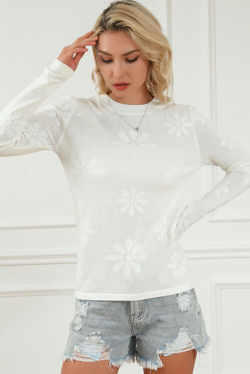 Floral Eyelet Round Neck Long Sleeve Knit Top -  - Wild Willows Boutique - Massapequa, NY, affordable and fashionable clothing for women of all ages. Bottoms, tops, dresses, intimates, outerwear, sweater, shoes, accessories, jewelry, active wear, and more // Wild Willow Boutique.