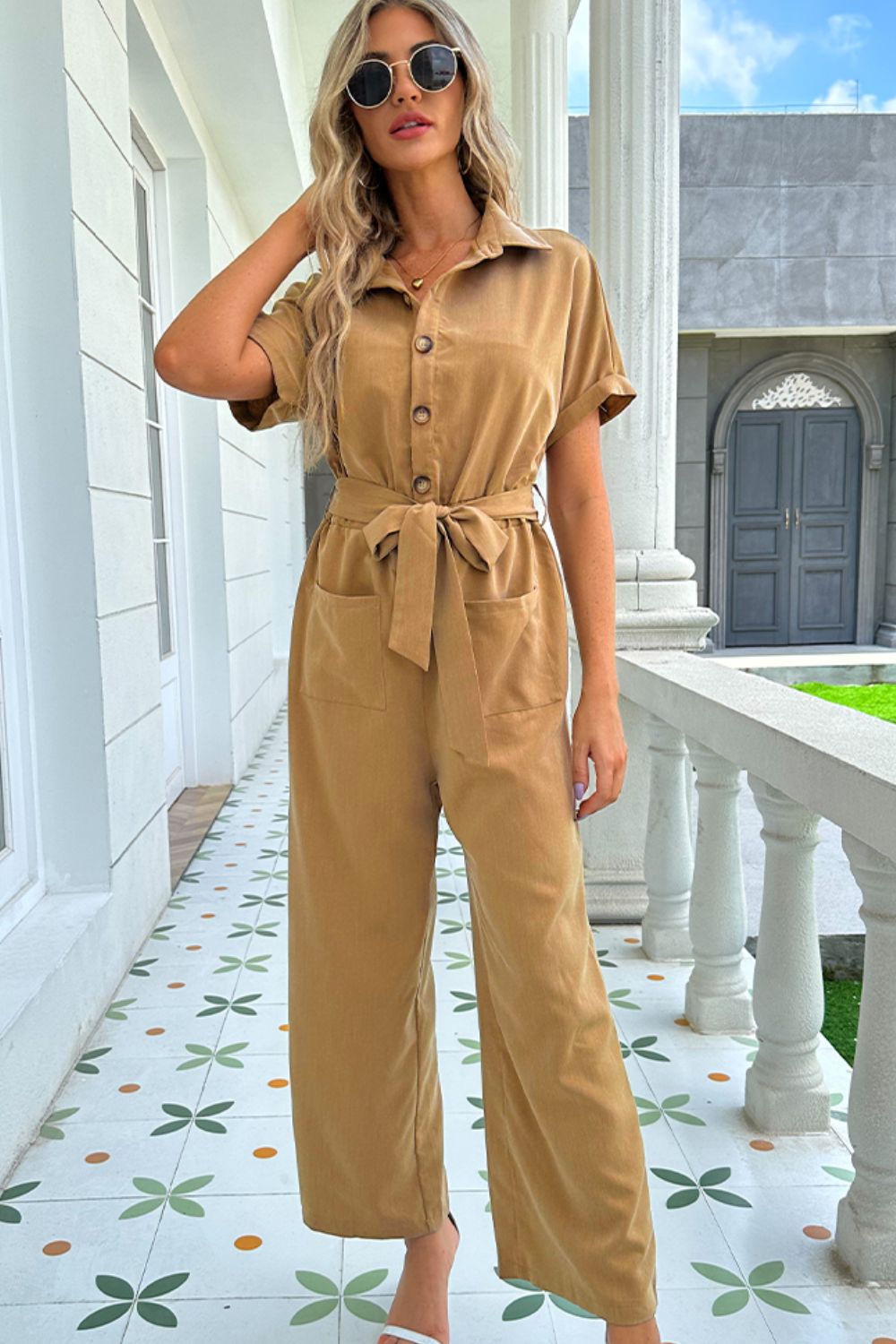 Tie Belt Buttoned Short Sleeve Collared Neck Jumpsuit - Jumpsuit - Wild Willows Boutique - Massapequa, NY, affordable and fashionable clothing for women of all ages. Bottoms, tops, dresses, intimates, outerwear, sweater, shoes, accessories, jewelry, active wear, and more // Wild Willow Boutique.