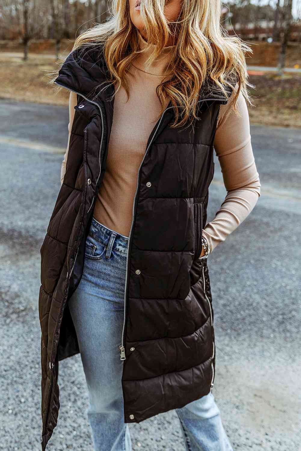 Longline Hooded Sleeveless Puffer Vest - Vest - Wild Willows Boutique - Massapequa, NY, affordable and fashionable clothing for women of all ages. Bottoms, tops, dresses, intimates, outerwear, sweater, shoes, accessories, jewelry, active wear, and more // Wild Willow Boutique.