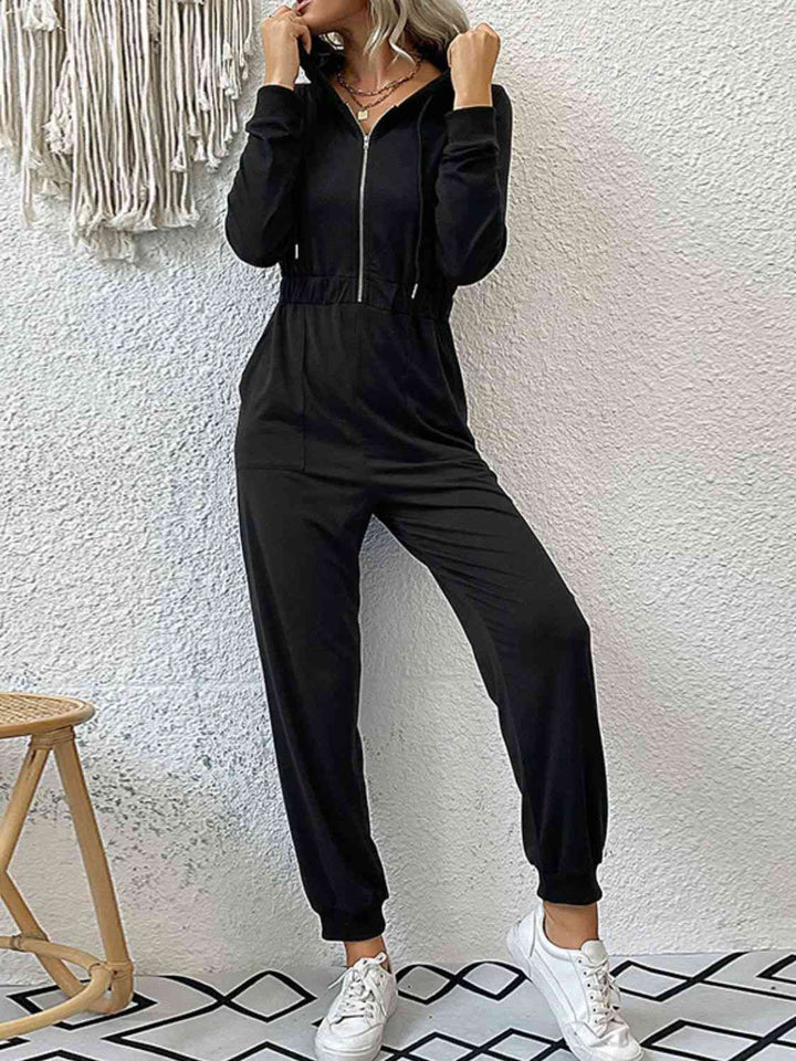 Zip Up Elastic Waist Hooded Jogger Jumpsuit - Jumpsuit - Wild Willows Boutique - Massapequa, NY, affordable and fashionable clothing for women of all ages. Bottoms, tops, dresses, intimates, outerwear, sweater, shoes, accessories, jewelry, active wear, and more // Wild Willow Boutique.