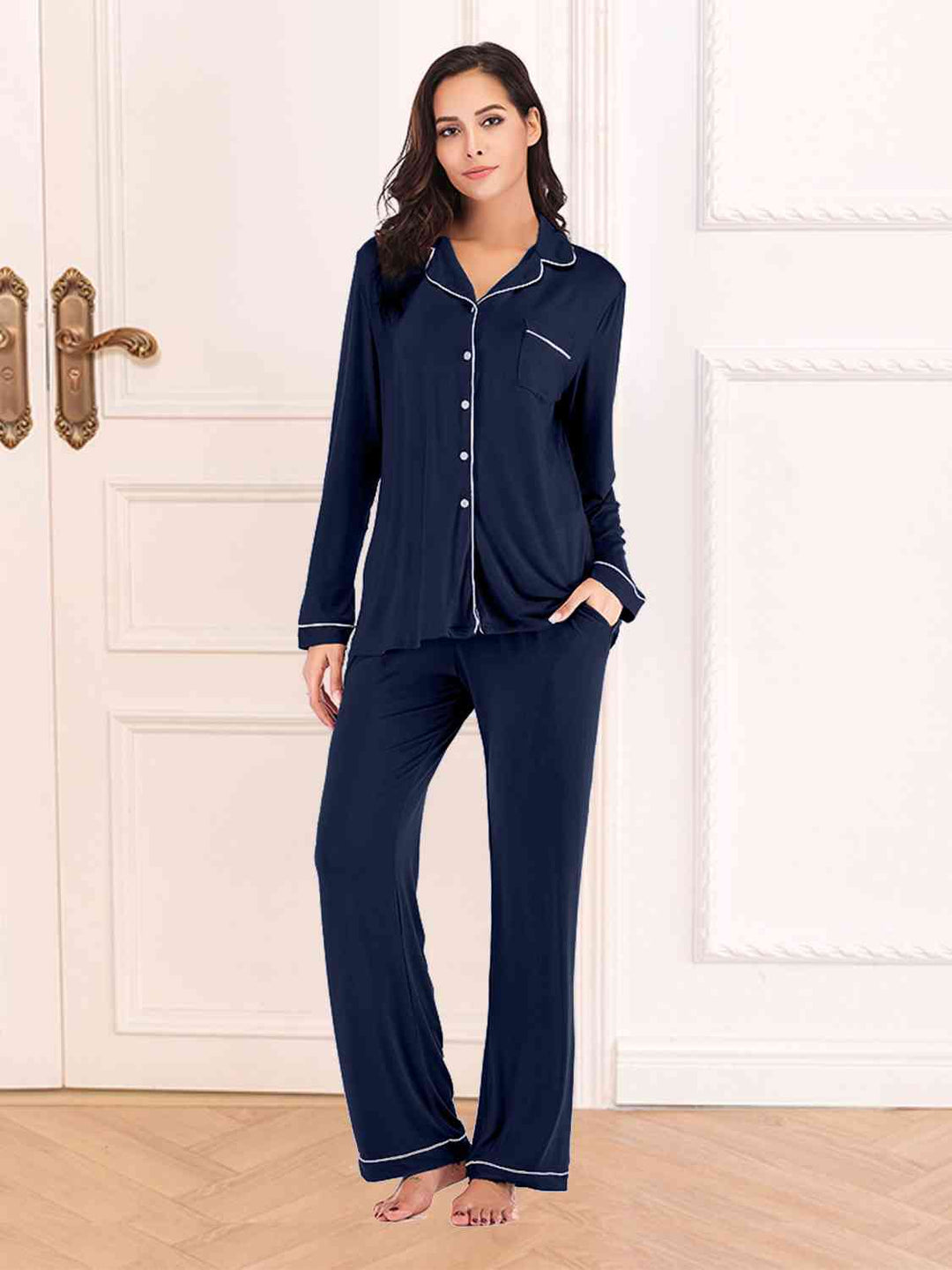 Collared Neck Long Sleeve Loungewear Set with Pockets -  - Wild Willows Boutique - Massapequa, NY, affordable and fashionable clothing for women of all ages. Bottoms, tops, dresses, intimates, outerwear, sweater, shoes, accessories, jewelry, active wear, and more // Wild Willow Boutique.