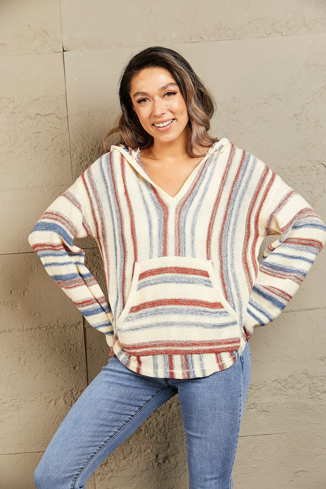 Striped Hooded Sweater with Kangaroo Pocket - sweater - Wild Willows Boutique - Massapequa, NY, affordable and fashionable clothing for women of all ages. Bottoms, tops, dresses, intimates, outerwear, sweater, shoes, accessories, jewelry, active wear, and more // Wild Willow Boutique.