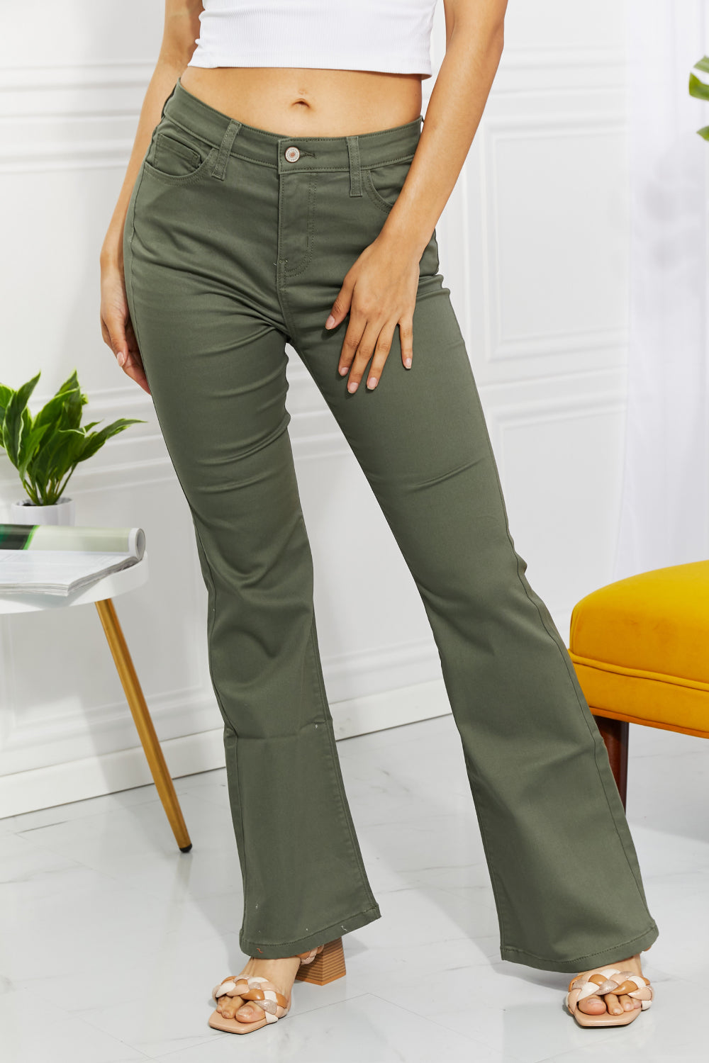 Zenana Clementine Full Size High-Rise Bootcut Jeans in Olive - Jeans - Wild Willows Boutique - Massapequa, NY, affordable and fashionable clothing for women of all ages. Bottoms, tops, dresses, intimates, outerwear, sweater, shoes, accessories, jewelry, active wear, and more // Wild Willow Boutique.