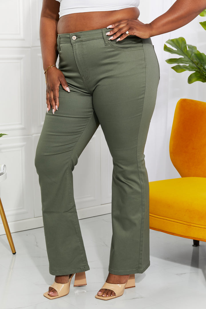 Zenana Clementine Full Size High-Rise Bootcut Jeans in Olive - Jeans - Wild Willows Boutique - Massapequa, NY, affordable and fashionable clothing for women of all ages. Bottoms, tops, dresses, intimates, outerwear, sweater, shoes, accessories, jewelry, active wear, and more // Wild Willow Boutique.