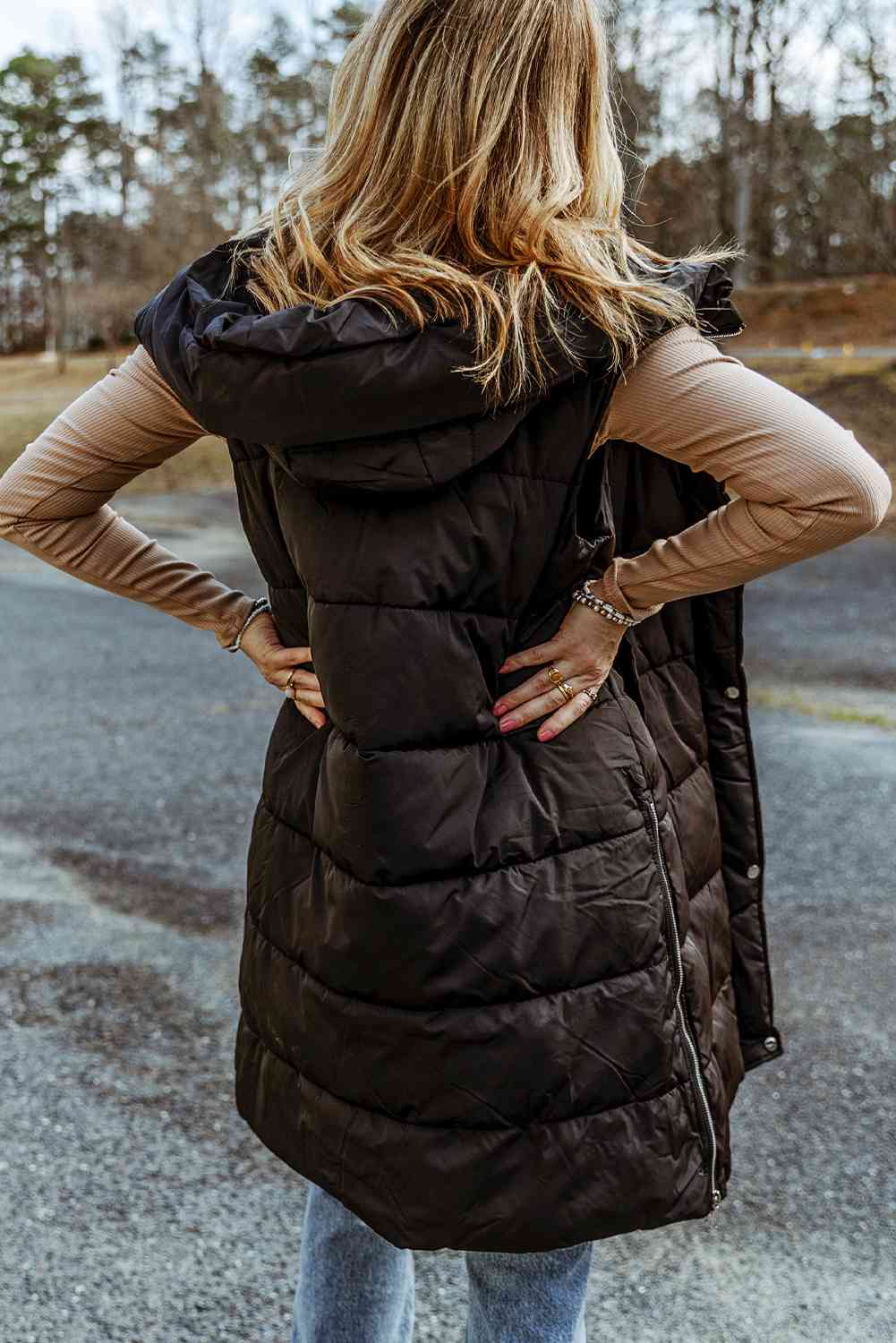 Longline Hooded Sleeveless Puffer Vest - Vest - Wild Willows Boutique - Massapequa, NY, affordable and fashionable clothing for women of all ages. Bottoms, tops, dresses, intimates, outerwear, sweater, shoes, accessories, jewelry, active wear, and more // Wild Willow Boutique.