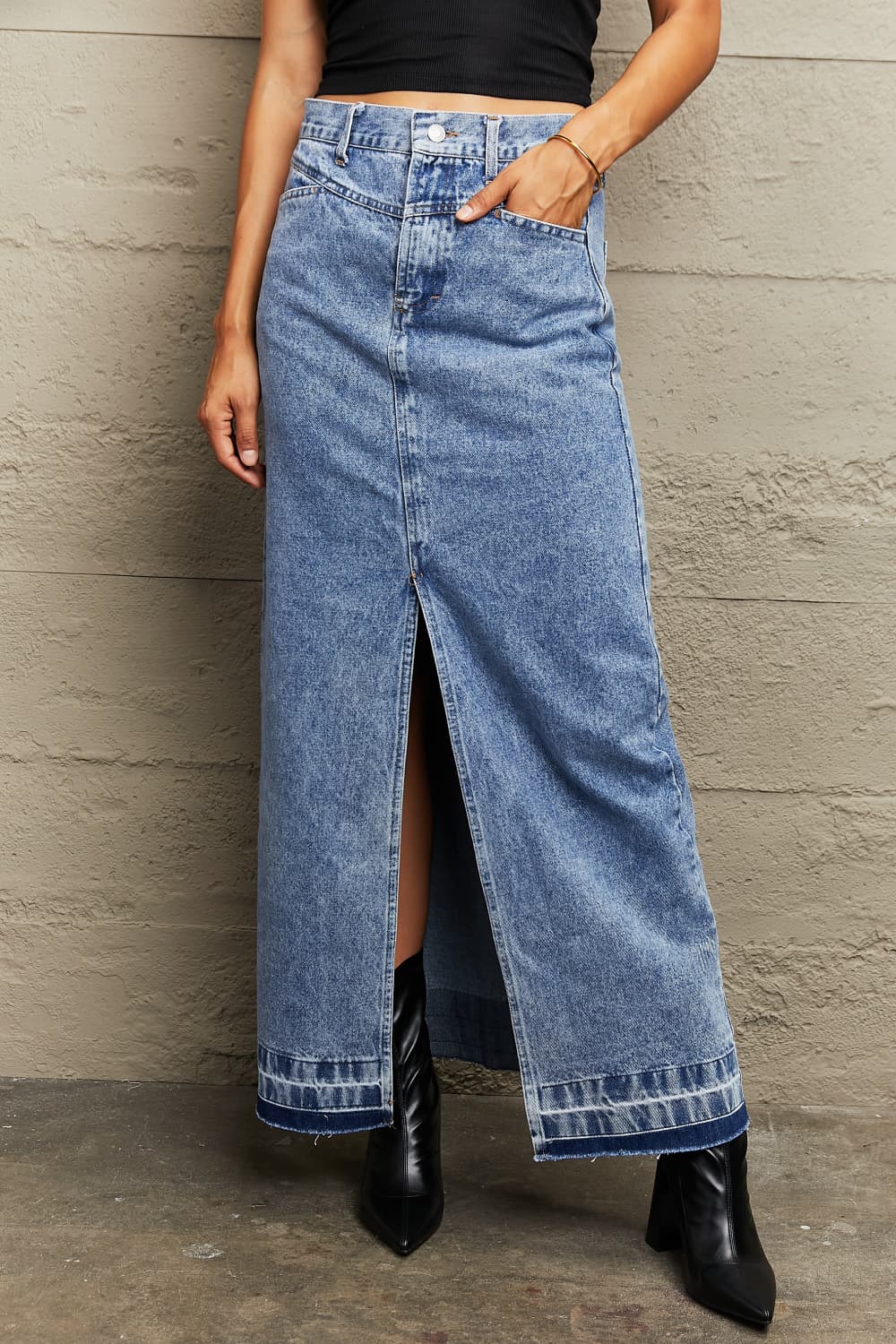 Front Slit Maxi Denim Skirt - Skirt - Wild Willows Boutique - Massapequa, NY, affordable and fashionable clothing for women of all ages. Bottoms, tops, dresses, intimates, outerwear, sweater, shoes, accessories, jewelry, active wear, and more // Wild Willow Boutique.