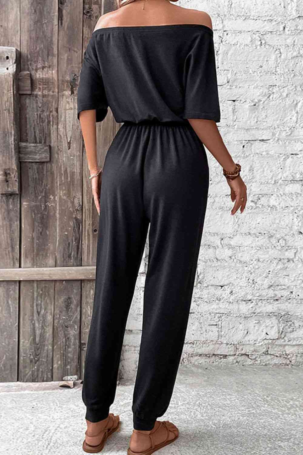 Off-Shoulder Jumpsuit with Pockets -  - Wild Willows Boutique - Massapequa, NY, affordable and fashionable clothing for women of all ages. Bottoms, tops, dresses, intimates, outerwear, sweater, shoes, accessories, jewelry, active wear, and more // Wild Willow Boutique.